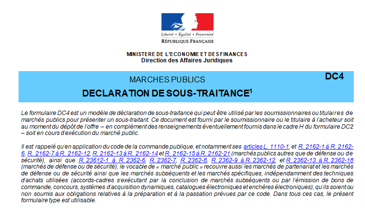 Formulaire DC4 pour déclarer la sous-traitance en marché public