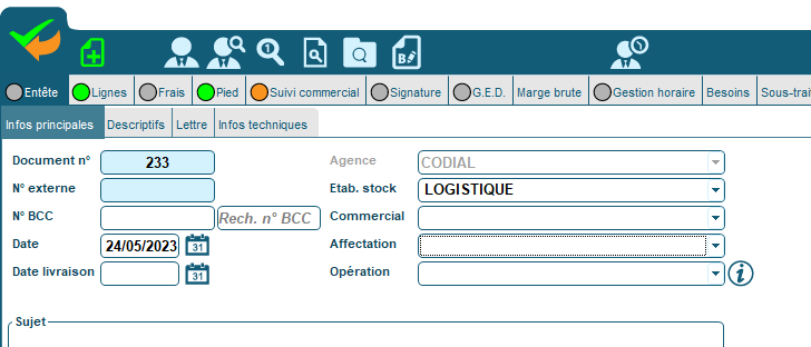 Opération et Affectation dans les documents Codial